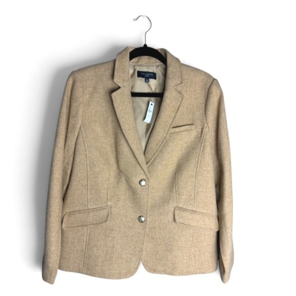 Talbots Petite Tan Herringbone Wool Blend Blazer Gold Crest Button Jacket 16 NWT